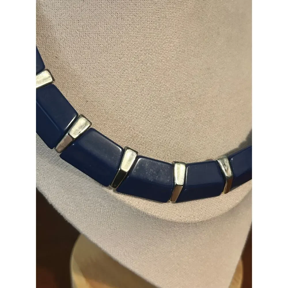 Vintage Cobalt Blue Lucite Panel Collar Necklace Gold Tone Mid Century Retro